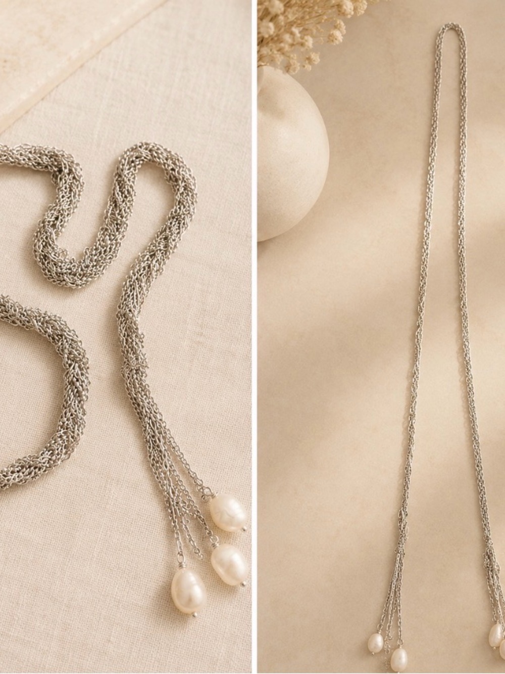 Stella & Dot Silver Multi-Strand Lariat Necklace with Pearl Drops